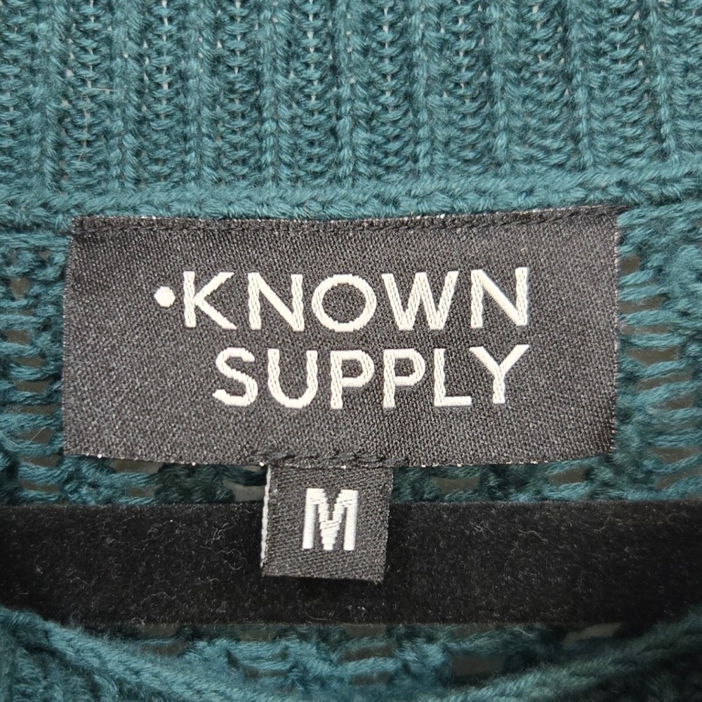 Known Supply Sweater Medium Teal Green Cable Knit Mock Neck 100% Organic Cotton - Picture 6 of 8